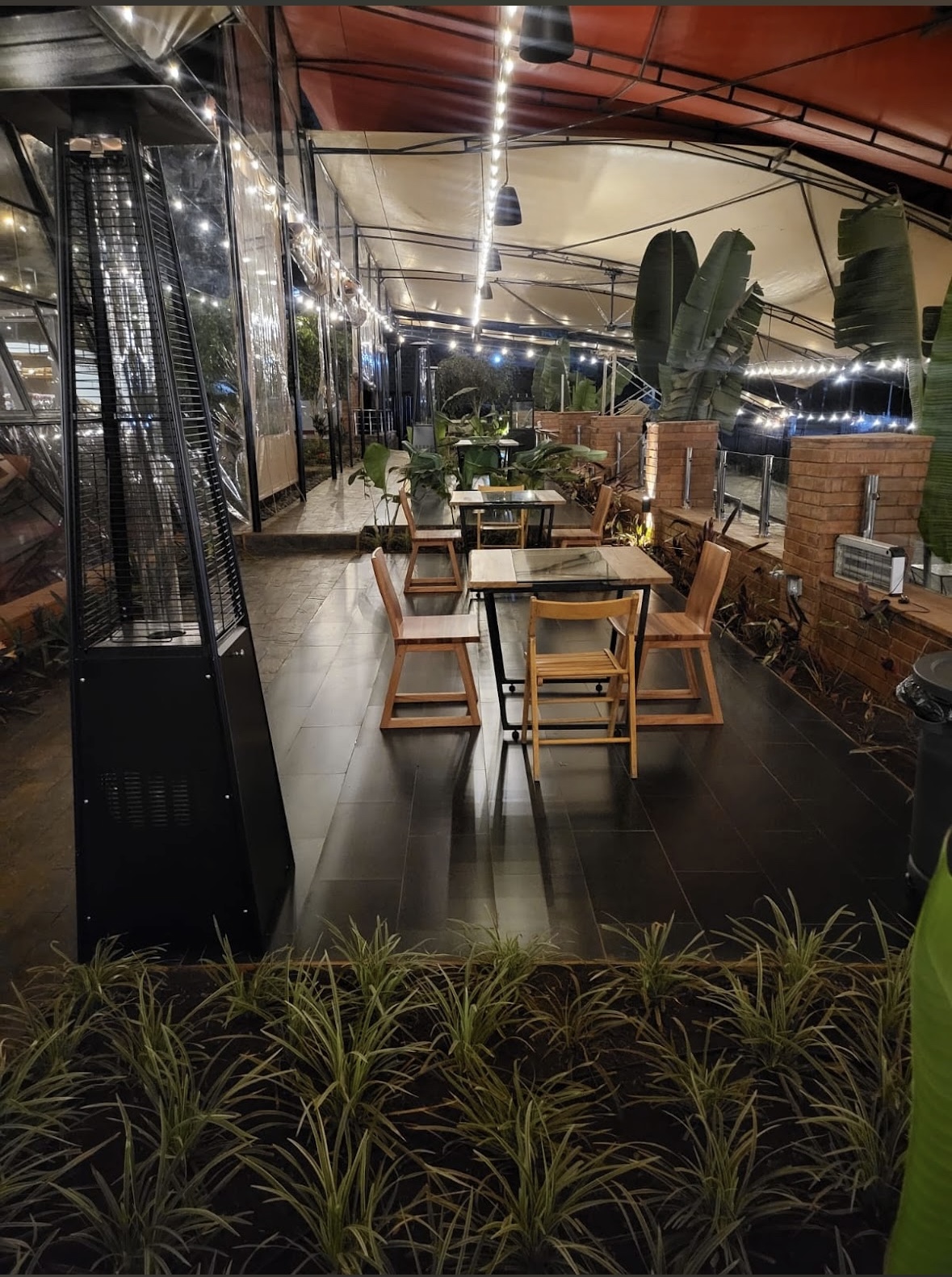 Covered outdoor terrace at night with fairy lights, leafy plants and timber tables